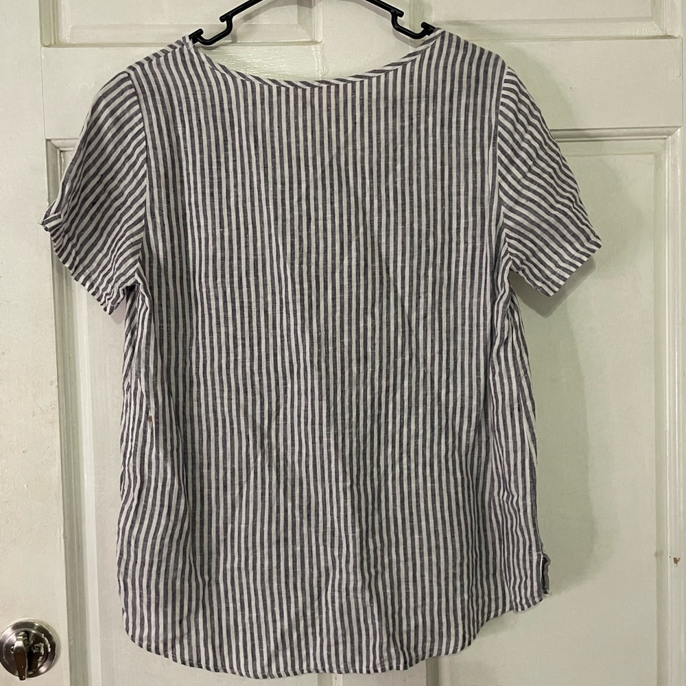 Christian Siriano Linen Blue and White Striped Short Sleeve Tee - Picture 4 of 4